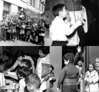 Two black and white historical photo collage layouts with four photos each are shown. The left collage displays photos of teachers and students in their school uniforms. Some teachers were nuns dressed in Habit. The right collage displays a group of guest visitors (Robert Kennedy and two secret service agents) and classroom lessons in action.