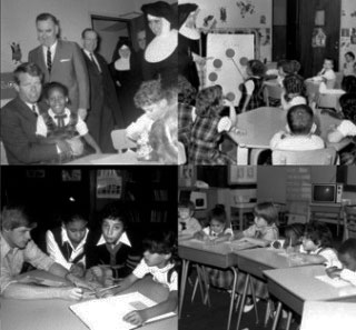 Two black and white historical photo collage layouts with four photos each are shown. The left collage displays photos of teachers and students in their school uniforms. Some teachers were nuns dressed in Habit. The right collage displays a group of guest visitors (Robert Kennedy and two secret service agents) and classroom lessons in action.