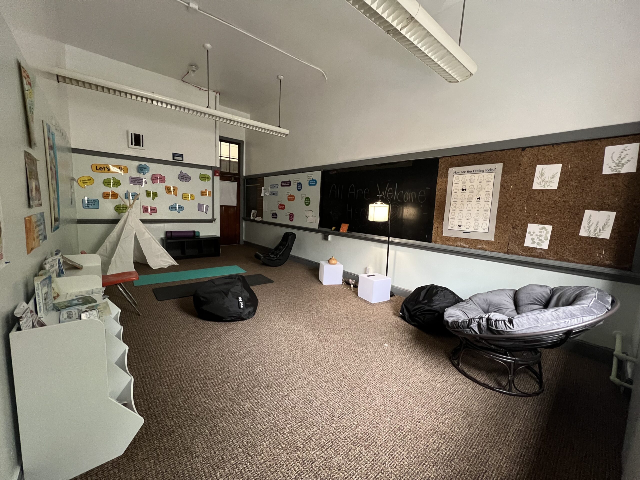 A small multisensory room with brown carpeting, yoga mats, beanbags, large circular chair & small cubbies with books. The bulletin boards are decorated with posters.