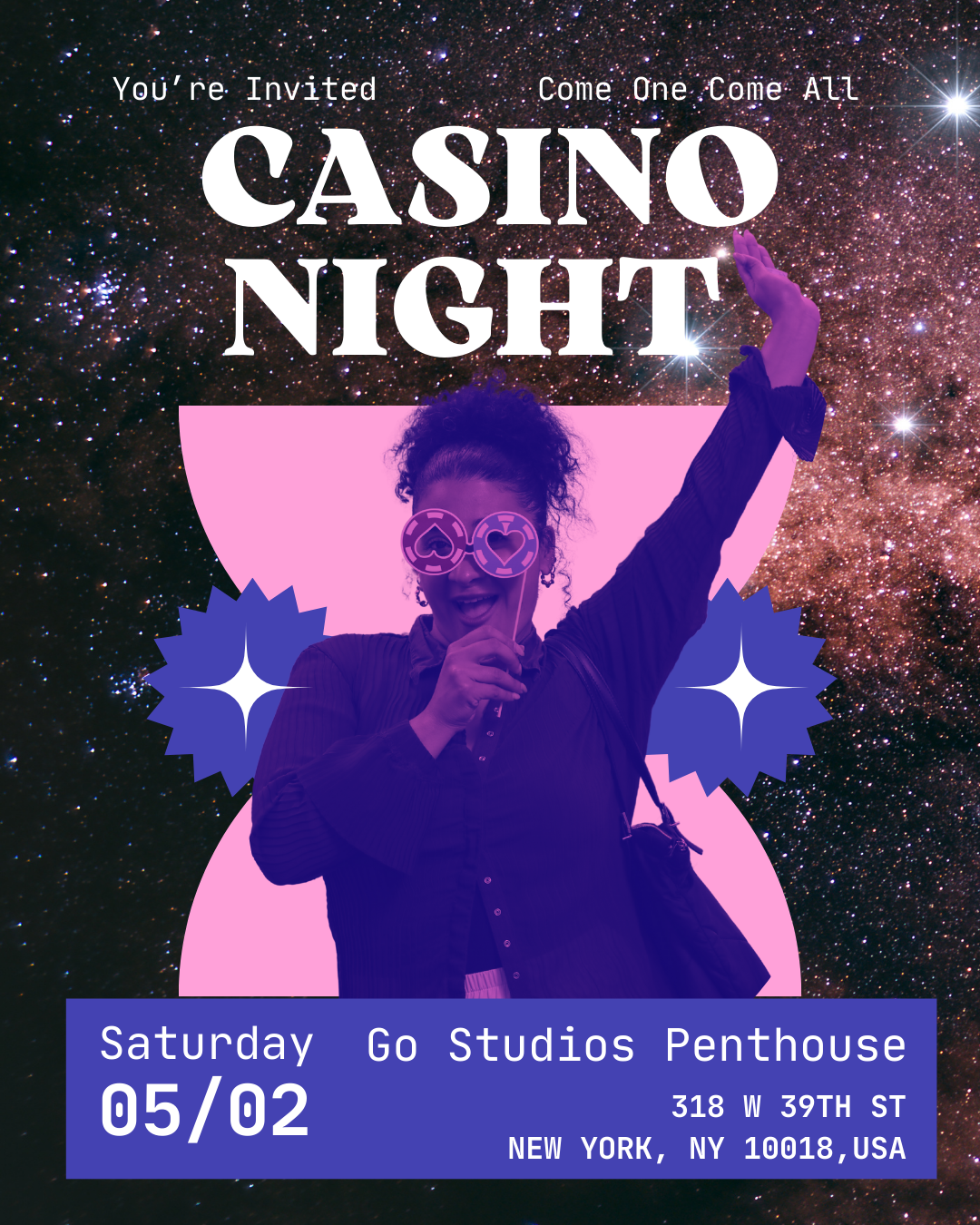 a woman holding heart shaped sunglasses on a graphic flyer for the Casino Night 2026 DBDDCT Foundation