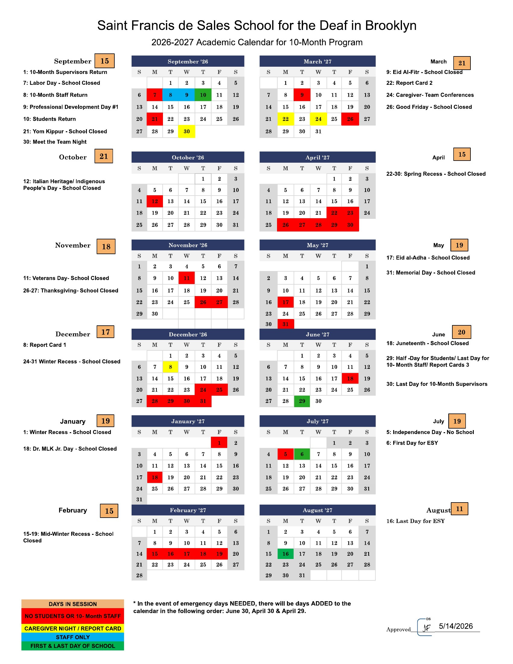 The 2026-2027 academic calendar for the 10-month program at Saint Francis de Sales School for the Deaf in Brooklyn. Select the calendar to open the full PDF.